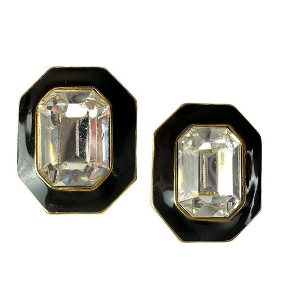 Vintage Trifari Pierced Earrings Gold Tone Black Enamel Octagonal Clear Rhinesto - Picture 1 of 3